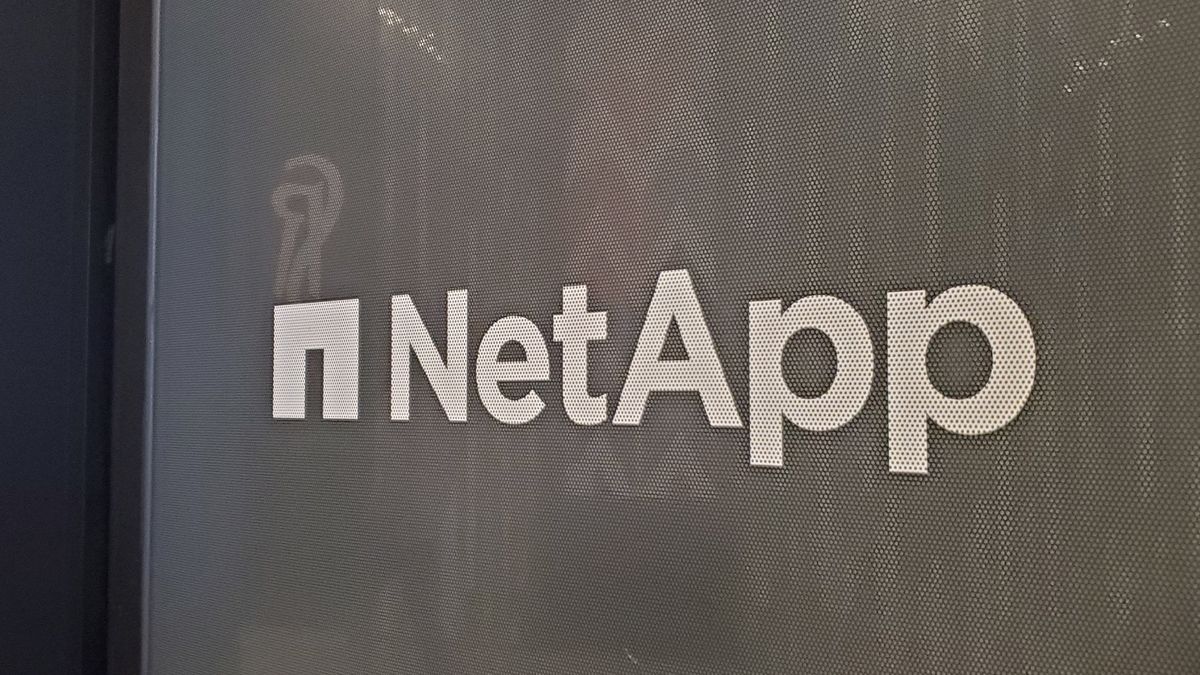 NetApp logo pictured on a wall at the company&#039;s headquarters in San Jose, California.