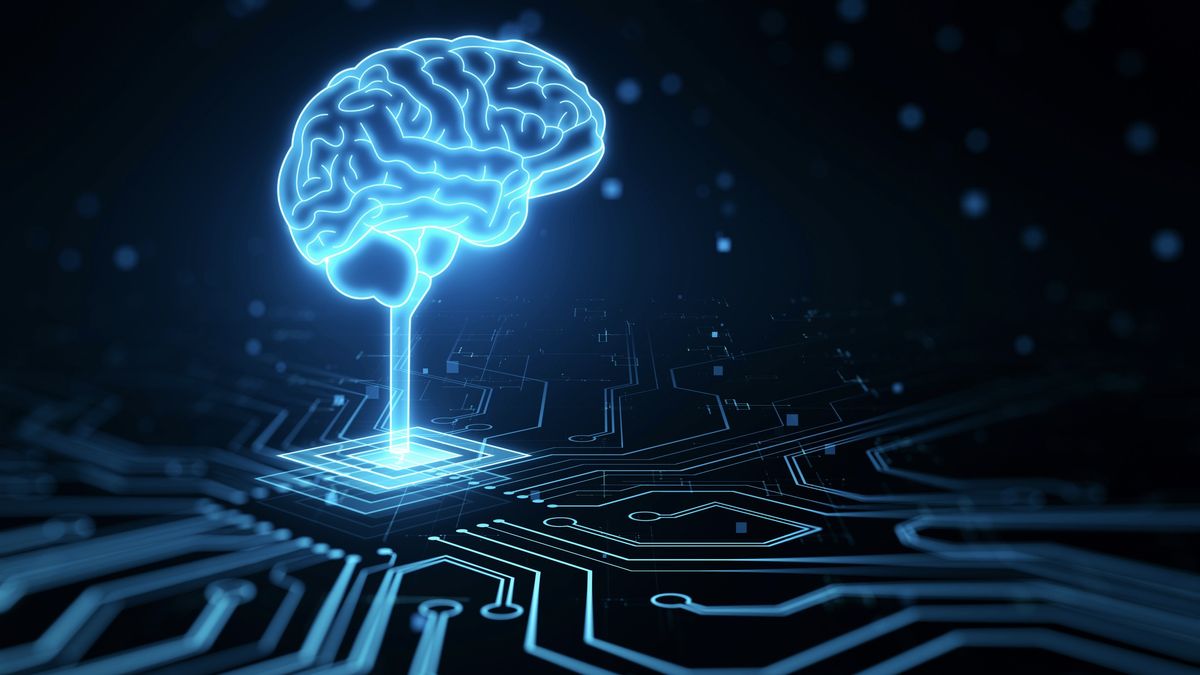 Futuristic design of artificial Intelligence brain with circuit board.