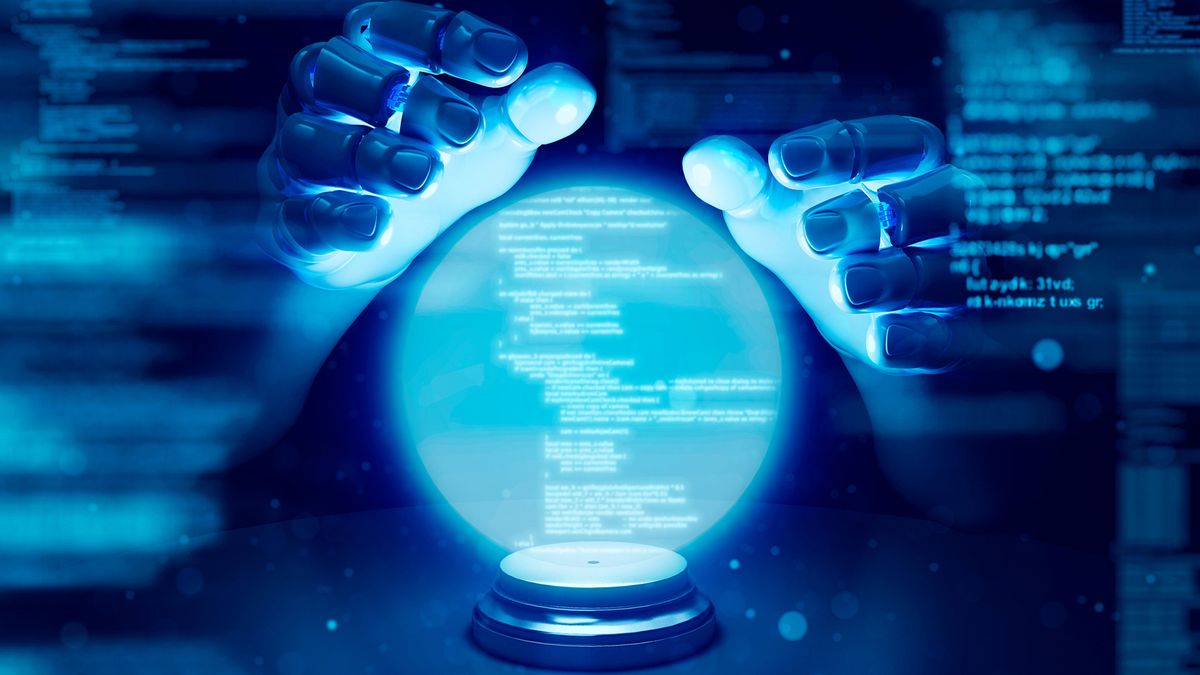 hands around digital orb, robotic fortune teller concept 