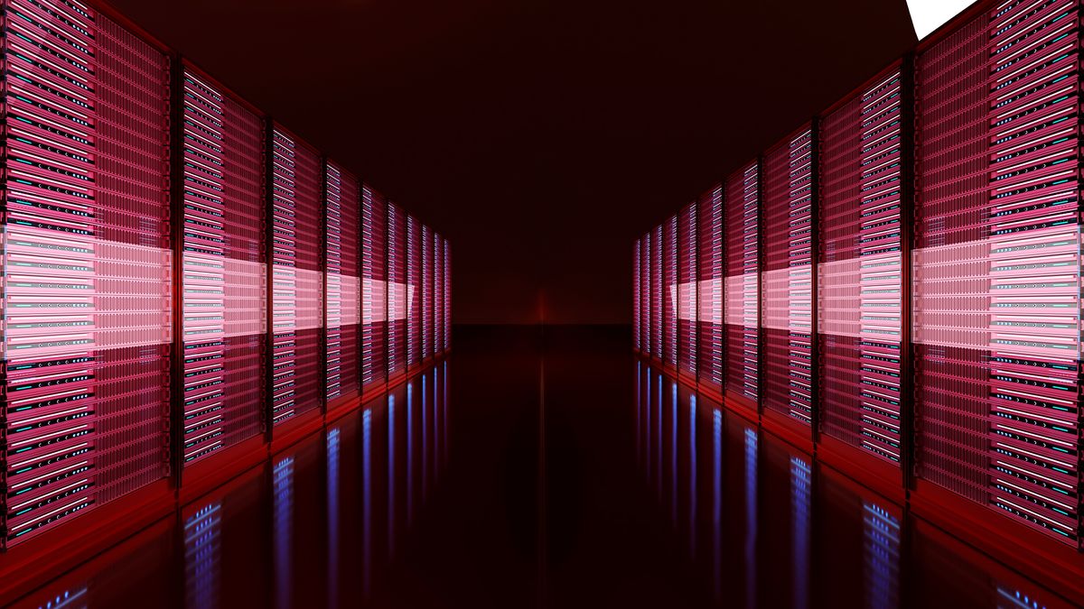 Concept image showing US data center server room with racks glowing red.