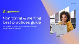 Blue eBook cover with logo and title and image of smiling female holding glasses in front of a laptop