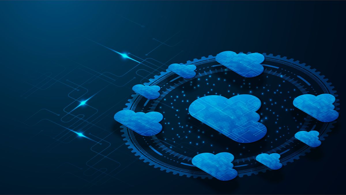 Multi-cloud concept art showing digital cloud symbol surrounded by several other cloud symbols.