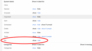 A screenshot of Gmail's settings menu showing a list of labels and categories that can be enabled or disabled