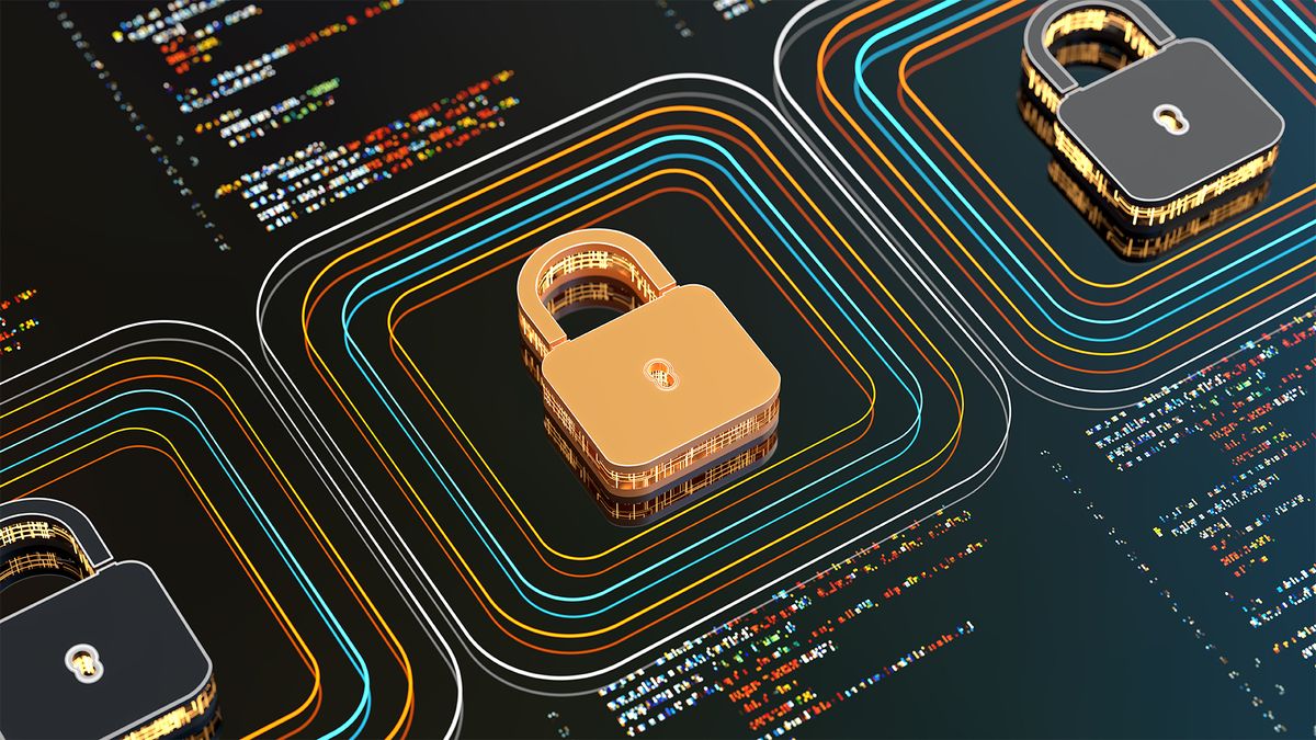 End-to-end encryption concept image showing a series of locked digitized padlocks on a circuit board.