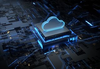 Kubernetes on AWS hack: a picture of a cloud on a 3D rendering of computer chip in balck and neon blue colouring