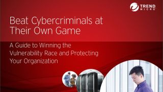 Red whitepaper cover with title and logo above circular images of colleagues using laptops, and servers