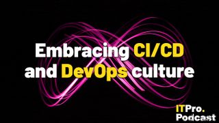 The word ‘Embracing CI/CD and DevOps culture’, with ‘CI/CD’ and ‘DevOps’ in yellow and the other words in white, against a lon-exposure shot of pink light being moved against a black background in a figure-eight shape to represent the continuous integration and delivery framework.