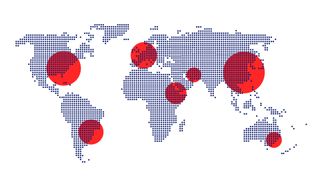 A pixelated world map with red circles to indicate state-sponsored cyber attacks by hacking groups.
