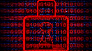 Ransomware concept image showing a red colored digitized padlock with binary code in background.