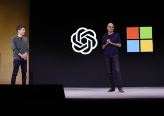 OpenAI and Microsoft CEO's Sam Altman and Satya Nadella at OpenAI's inaugural developer conference on November 06, 2023 in San Francisco,