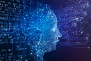 Mandiant generative AI: Neon blue human head (right-side profile) with particle overlay to denote AI