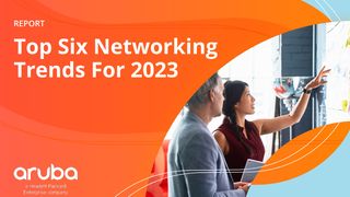 Orange and blue whitepaper cover with two colleagues chatting and looking at a whiteboard