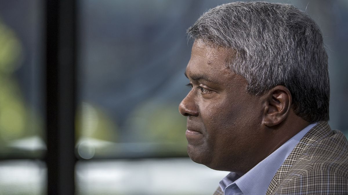 NetApp CEO George Kurian pictured during a Bloomberg West Television interview in San Francisco, California