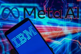 IBM AI alliance concept art featuring IBM and Meta AI logos on a smartphone and digital background