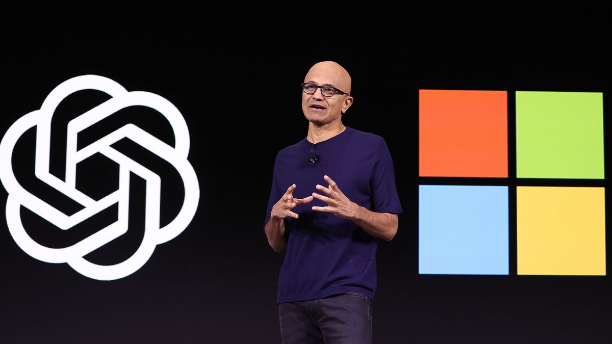 Microsoft CEO Satya Nadella speaks during the OpenAI DevDay event on November 06, 2023 in San Francisco, California