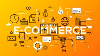 'E-commerce' surrounded by symbols like shopping cart, clock, envelope on an orange background