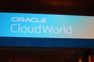 A banner with Oracle CloudWorld written across it
