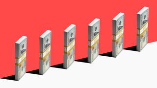 Cyber Insurance concept image showing stacked dollar bills placed upon a cliff edge.