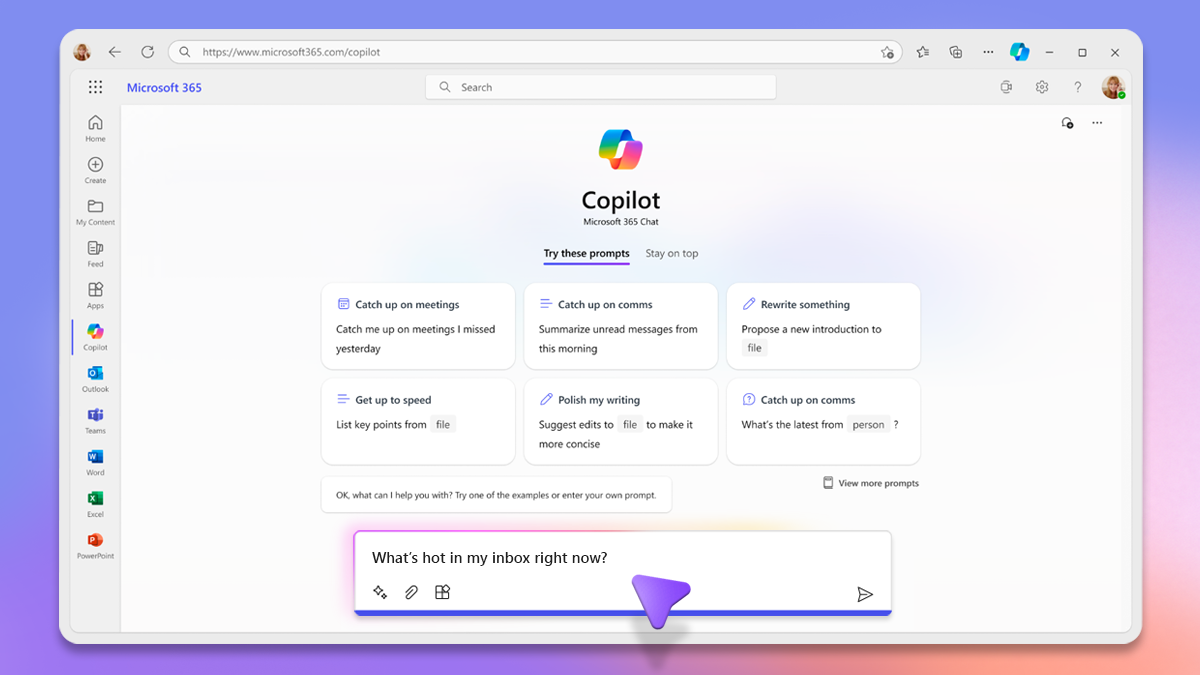 A Microsoft 365 Chat window, with the Copilot logo at the top of the page and a series of prompt suggestions in the middle. At the bottom of the page, the user has moved their cursor over the text field and typed &quot;What&#039;s hot in my inbox right now?&quot;. The entire window is set against a gradient of blue to purple to peach.