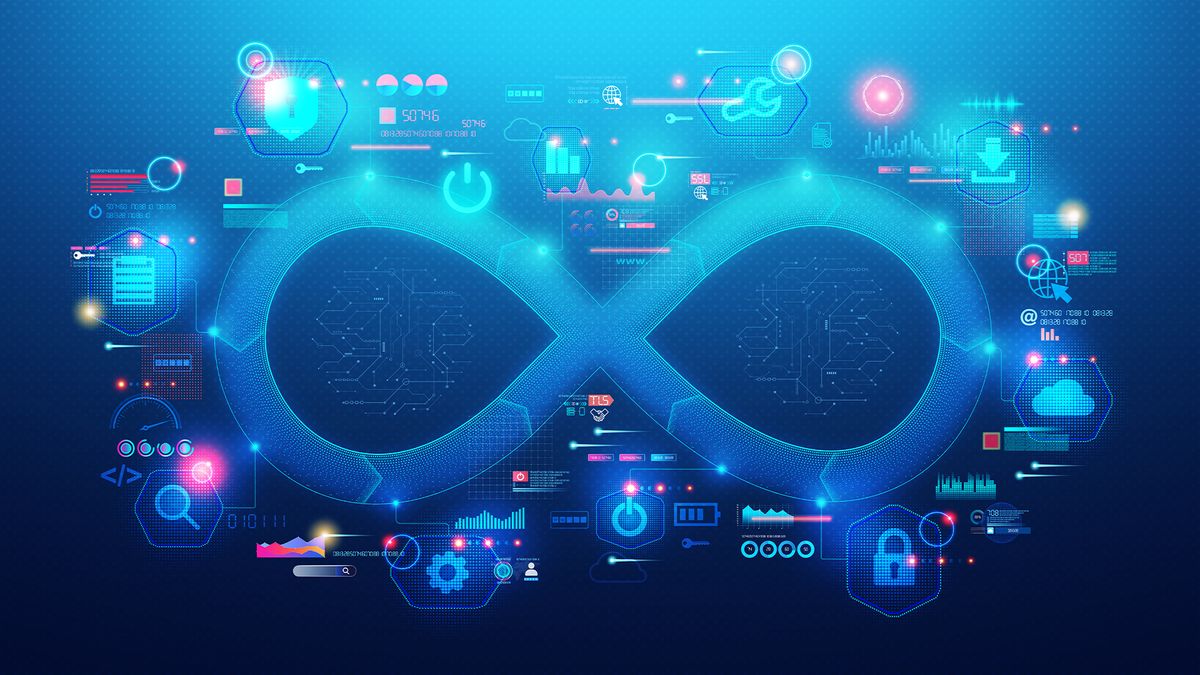 CI/CD software engineering concept image showing DevOps lifecycle on a digital interface.