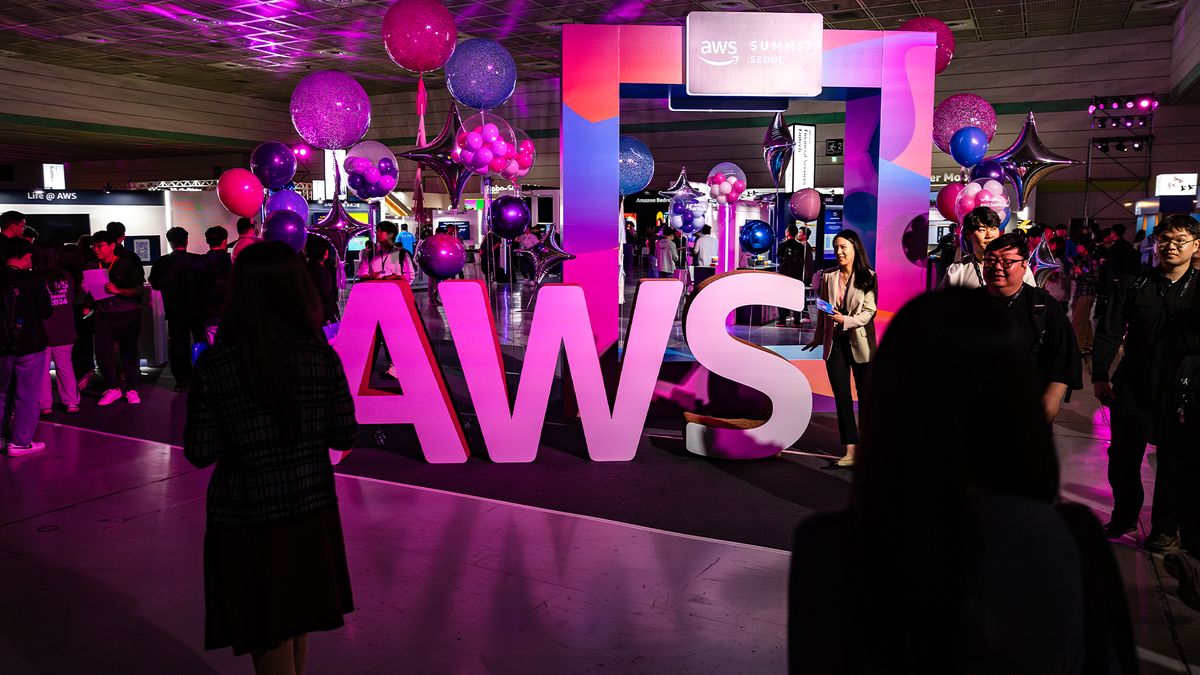 AWS logo pictured at the AWS Summit Seoul 2024 at COEX Convention &amp; Exhibition Center on May 16, 2024, in Seoul, South Korea. 