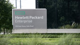 The Hewlett Packard Enterprise (HPE) logo on a sign at its corporate headquarters, 1701 E Mossy Oaks Road, Spring Texas.