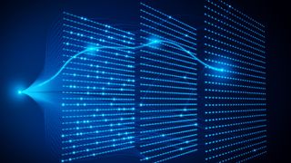 A visual representation of an AI agent moving through a task iteratively, shown as a glowing blue node sending a beam of energy through three floating planes formed from points of light. The background of the image is black.