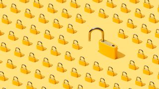 A graphic of dozens of locked, gold padlocks on a pale yellow background, lined up in rows and viewed with an isometric view to represent cyber security. To the right of the frame there is one especially large, unlocked padlock. They are set against a pale yellow background.