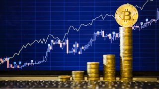 Financial growth concept with golden Bitcoins ladder on forex chart background