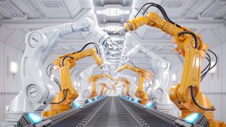 A CGI image of a smart manufacturing conveyor belt with robot arms lined along it. The camera is on the belt, looking down, in a bright white manufacturing environment.