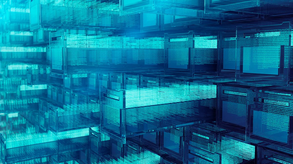 A CGI render of blue glowing file folders, representing lon-term data storage.