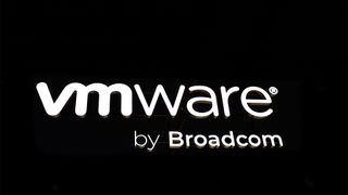 Logo of VMware by Broadcom, developer of the VMware EXSi hypervisor, pictured on a black background at Mobile World Congress in Barcelona, Spain, on February 28, 2024.