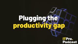 The words ‘Plugging the productivity gap’ with the words ‘productivity gap’ in yellow and the rest in white. They are set against an image of a blue, purple, and white Rubix cube floating in a void. The mid-section of the Rubix cube is mid-swivel. The ITPro podcast logo is in the bottom right corner.