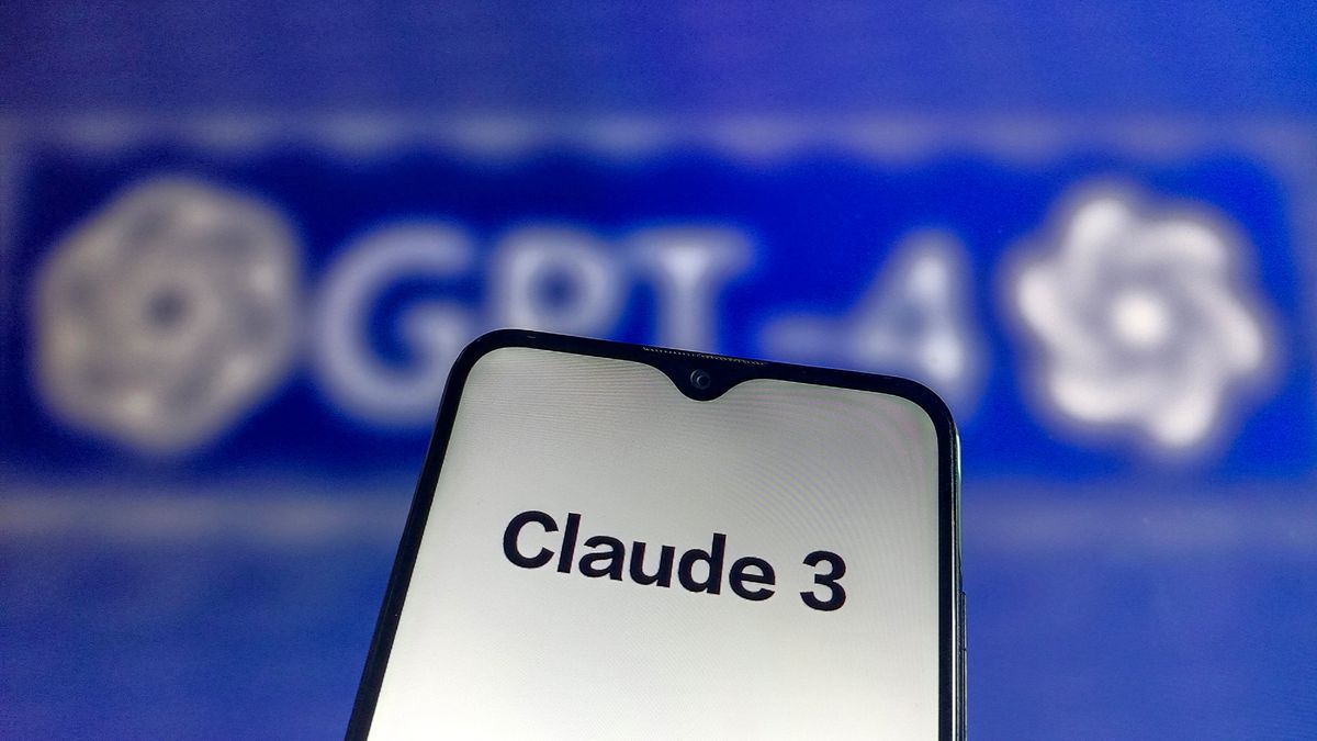 Anthropic Claude 3 branding displayed on a smartphone screen with OpenAI&#039;s GPT-4 logo pictured in background.