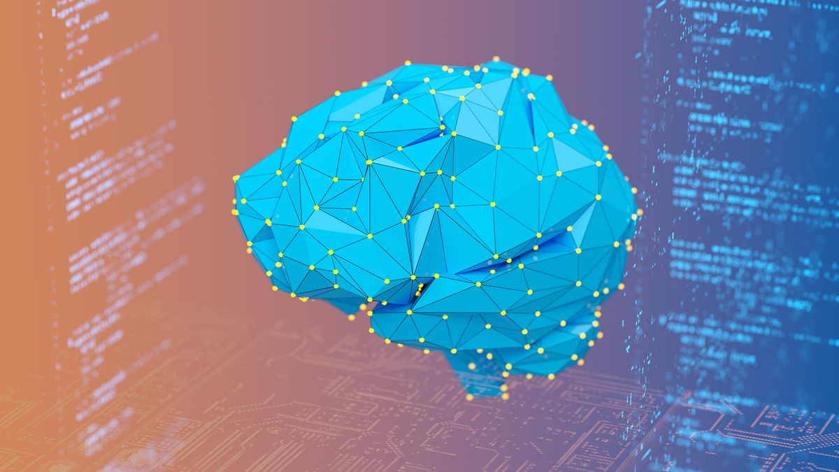 A render of a low-polygon brain representing open source AI, surrounded by code. Decorative: the brain is blue and has yellow dots on its vertices, while the code is also blue and blurry against an orange-to-blue gradient.
