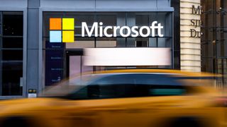 Microsoft logo and branding pictured on front of office building on 41st street and 8th avenue on November 25, 2024 in New York City.