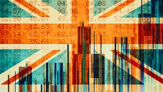A digital depiction of the UK flag with distortion and numbers in the background