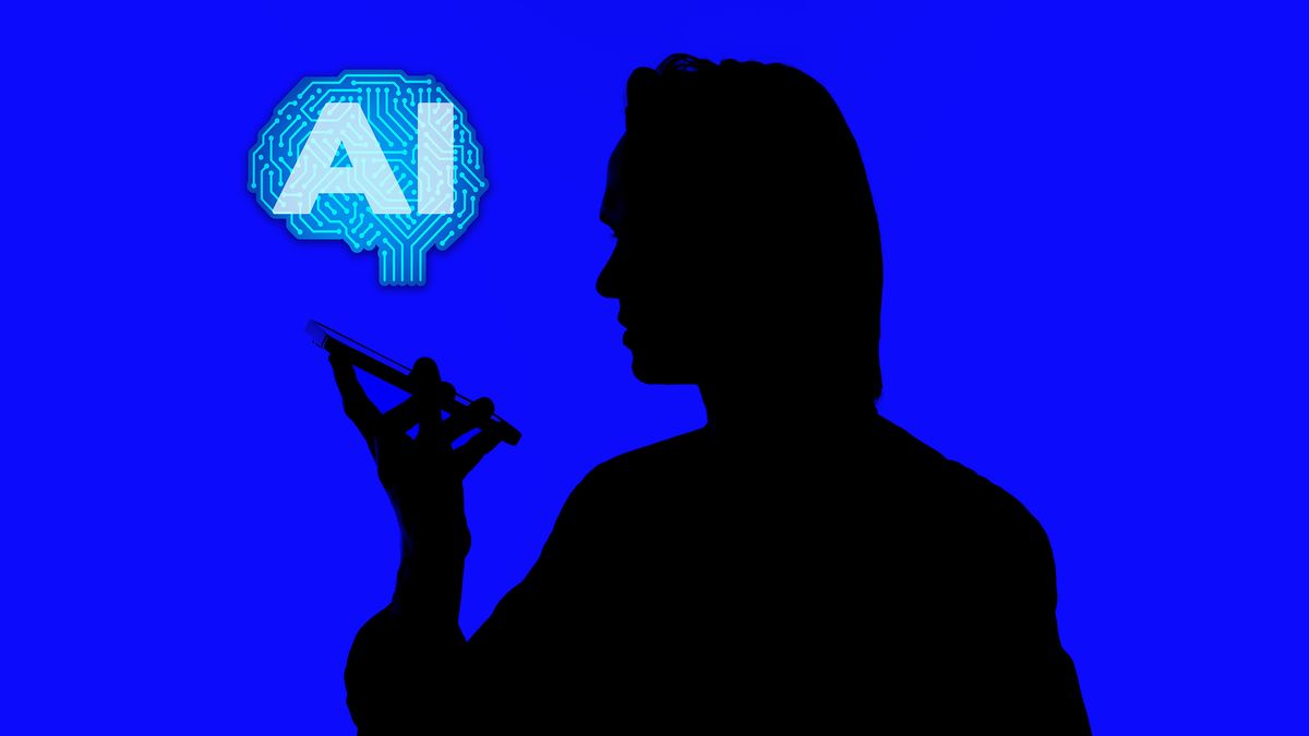 A silhouette of a worker using a phone, with a speech bubble above their device reading &quot;AI&quot; to represent shadow AI.