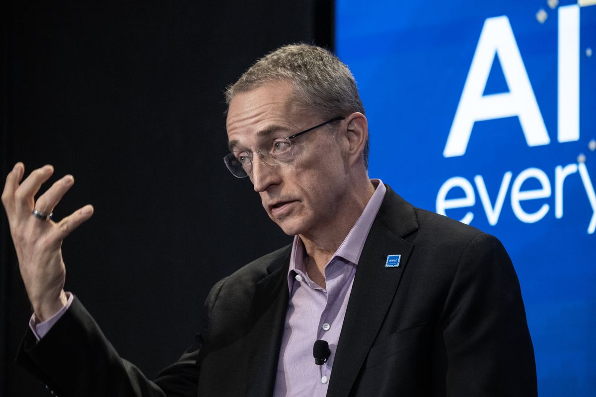 Intel CEO Patrick Gelsinger speaking on the launch of Intel&#039;s AI PC-focused chip products at its ‘AI Everywhere’ event in New York City
