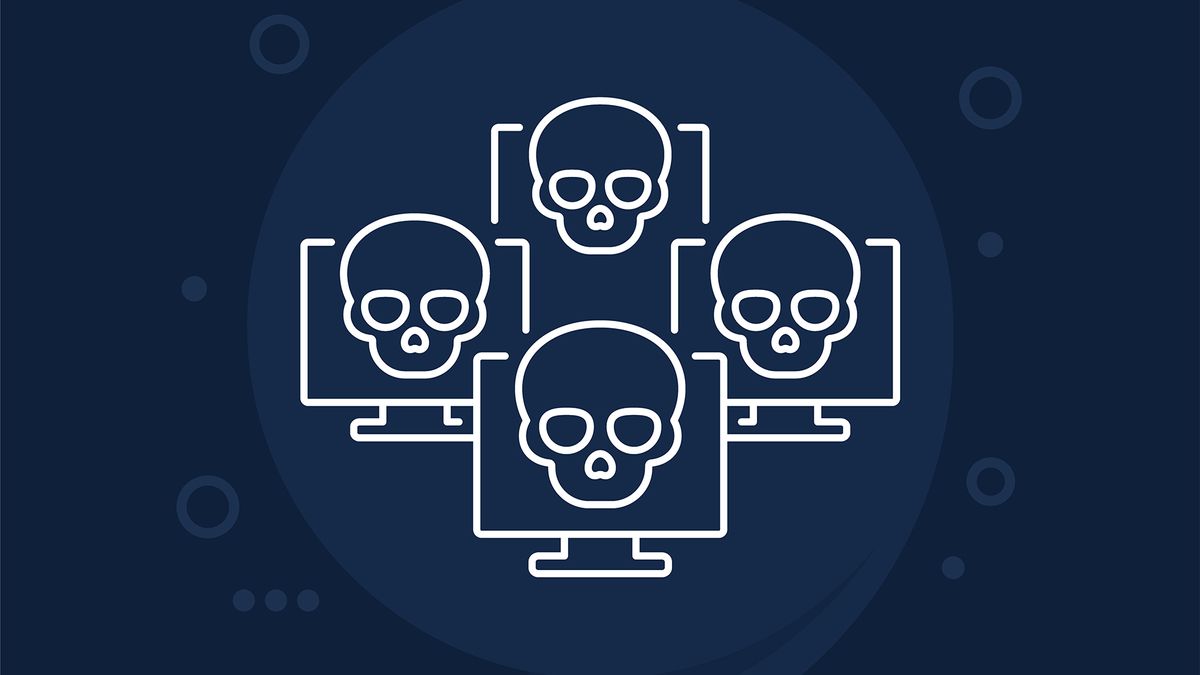 Botnet concept image showing multiple computers with skull symbols on screen.