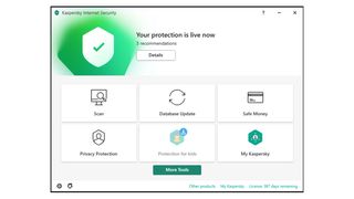 A screenshot of Kaspersky Internet Security's main dashboard