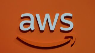 The AWS logo on an orange background