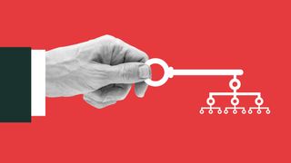 A black and white photo of a business person's hand holding a stylized key representing a secure password policy, which continually splits apart to resemble an organizational structure, set against a solid red background.