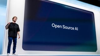 Meta CEO Mark Zuckerberg pictured during the Meta Connect event in Menlo Park, California, next to a screen promoting open source AI.