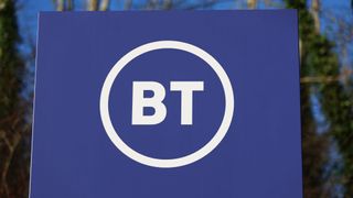 The BT logo on a purple bollard