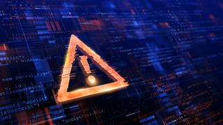 Warning symbol in yellow pictured on a digital blue background signifying a security alert