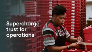 Whitepaper cover of female worker wearing a cap backwards, surrounded by pallets, pulling sticky labels