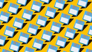 Concept art showing blue-colored floppy disks on a yellow background.