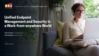 Whitepaper on unified endpoint management and security,with image of female working remotely at a laptop on her sofa