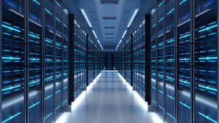 A CGi render of a supercomputer processing room, lit in stark white light with blue LEDs on each rack of the room.